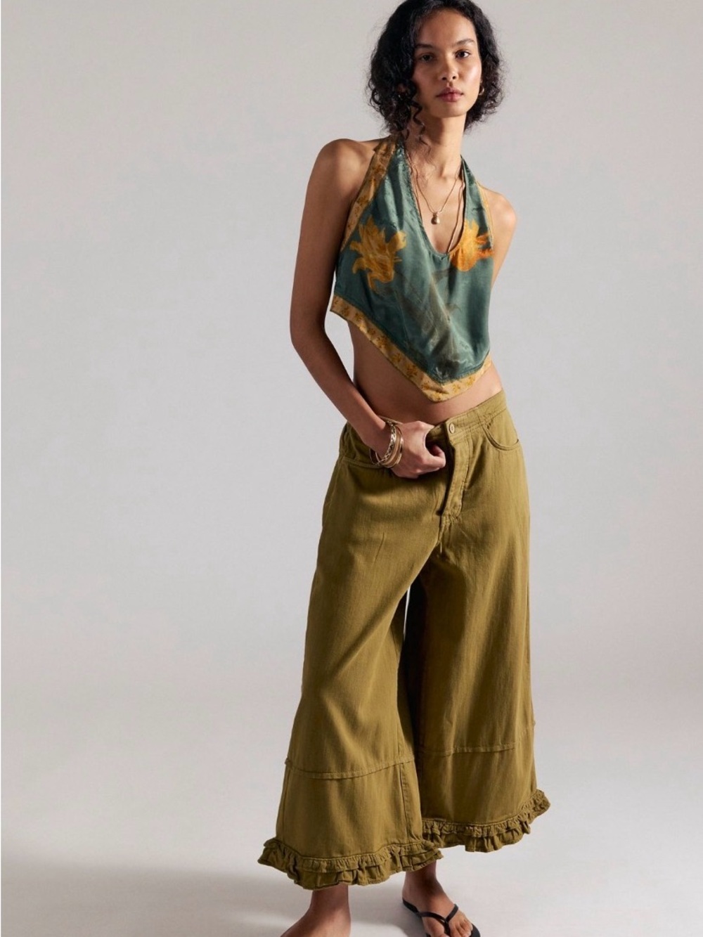 Anthropologie Olive Green Ruffle-Hem Wide-Leg Bermudas